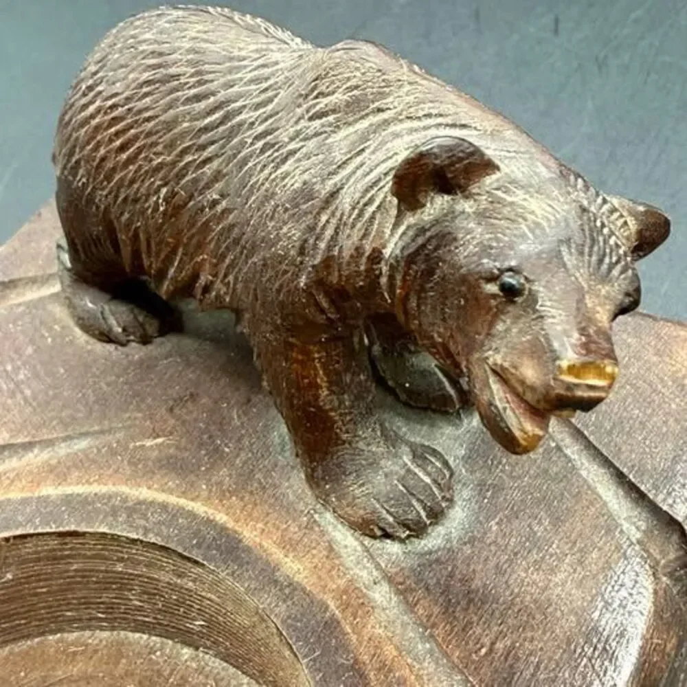 Antique 1920’s Hand-Carved Swiss Black Forest Bear Ashtray - Interlaken